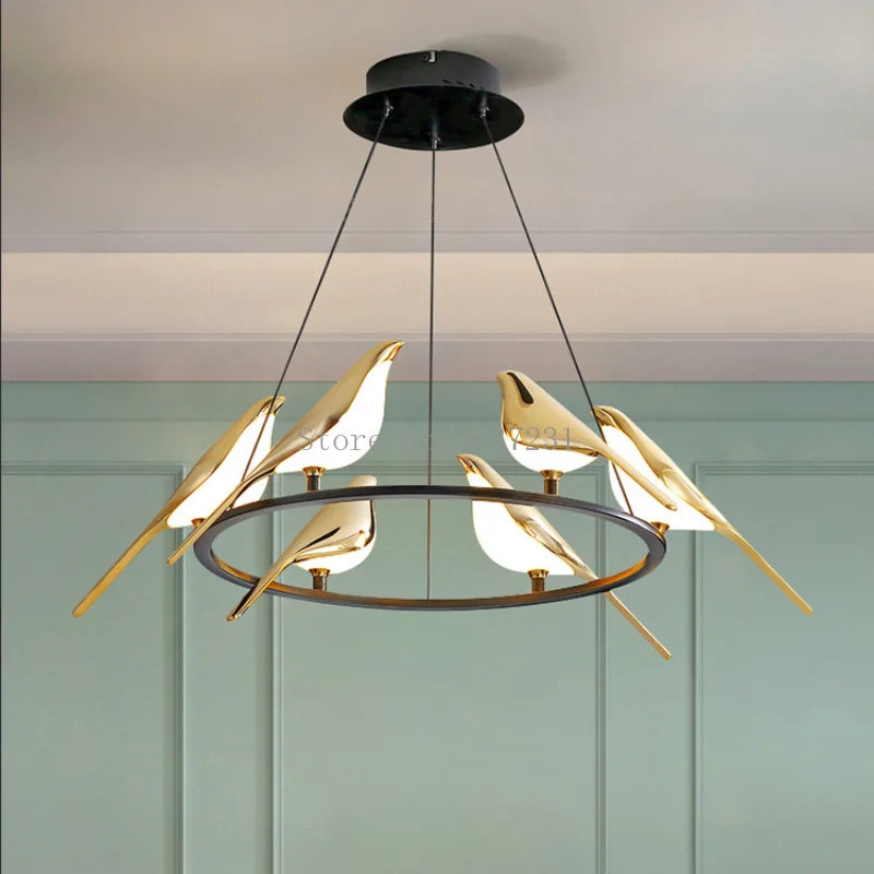 Modern Golden Bird LED Chandelier Lights Novelty 360 Degree Parlor Bar Bedside Hanging Light Fixture Home Deco Led Lighting