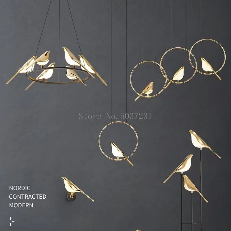 Modern Golden Bird LED Chandelier Lights Novelty 360 Degree Parlor Bar Bedside Hanging Light Fixture Home Deco Led Lighting